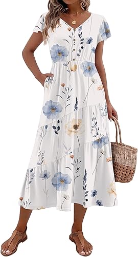Zeagoo Womens V Neck Button Down Tiered Flowy Long Summer Dress w/ Pockets