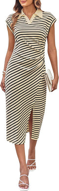 Womens GRACE KARIN Polo Midi Dress – Striped Stretch V Neck Ruched