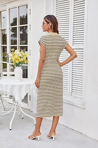 Womens GRACE KARIN Polo Midi Dress – Striped Stretch V Neck Ruched