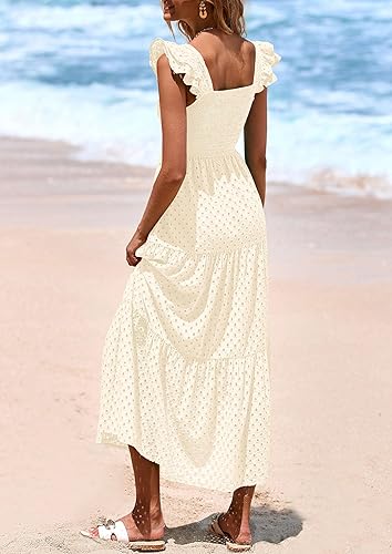PRETTYGARDEN Cap Sleeve Maxi Dress Women Tiered Eyelet Long Summer Gown