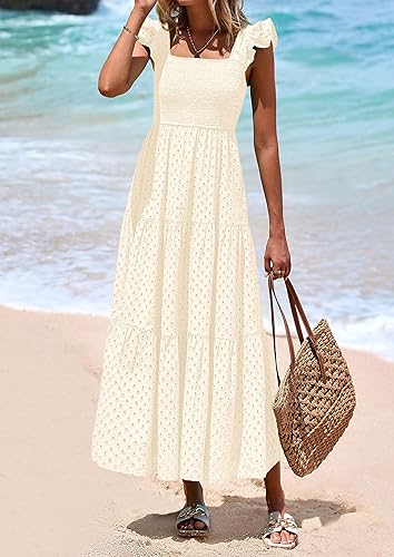 PRETTYGARDEN Cap Sleeve Maxi Dress Women Tiered Eyelet Long Summer Gown