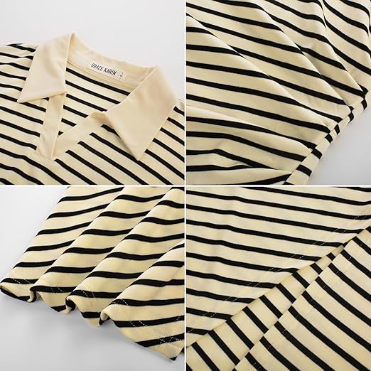 Womens GRACE KARIN Polo Midi Dress – Striped Stretch V Neck Ruched