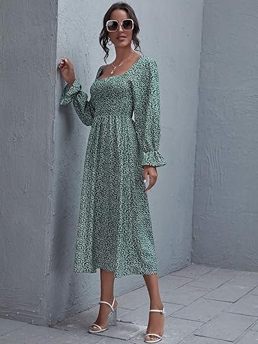 Floerns Womens Boho Maxi Dress Square Neck Smocked Long Puff Sleeve A-Line