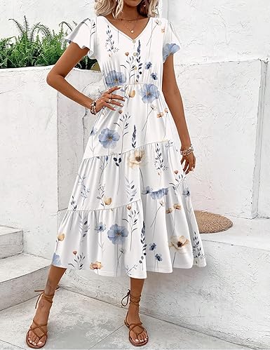 Zeagoo Womens V Neck Button Down Tiered Flowy Long Summer Dress w/ Pockets
