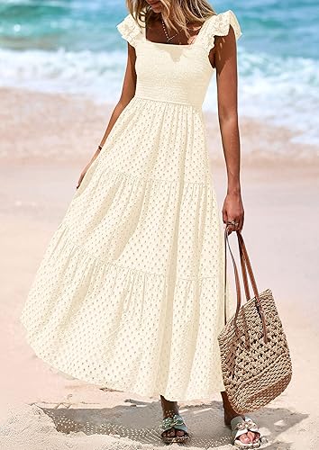 PRETTYGARDEN Cap Sleeve Maxi Dress Women Tiered Eyelet Long Summer Gown
